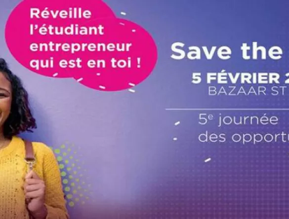 journée des opportunités 2026 : photo d'une jeune étudiante métisse avec un pull jaune et un texte annonçant l'événement de la journée des opportunités dédiée à l'entrepreneuriat étudiant le 5 février 2026